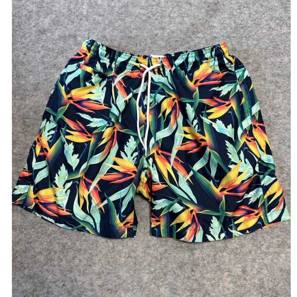 Trunks Surf & Swim Co Mens Medium Swim Trunks Navy Tropical Bird of Paradise